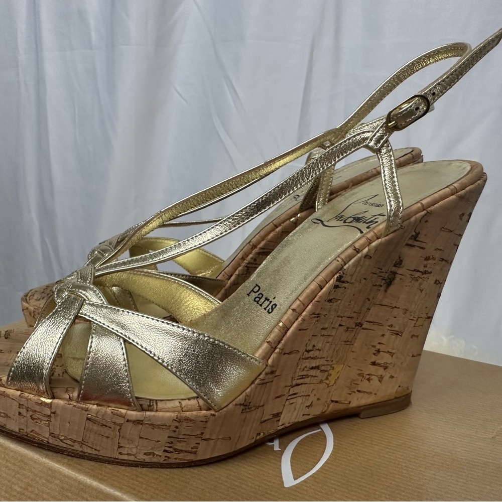 Christian Louboutin Lady Zeppa Gold Nappa Cork Wedge Sandals - Picture 6 of 9